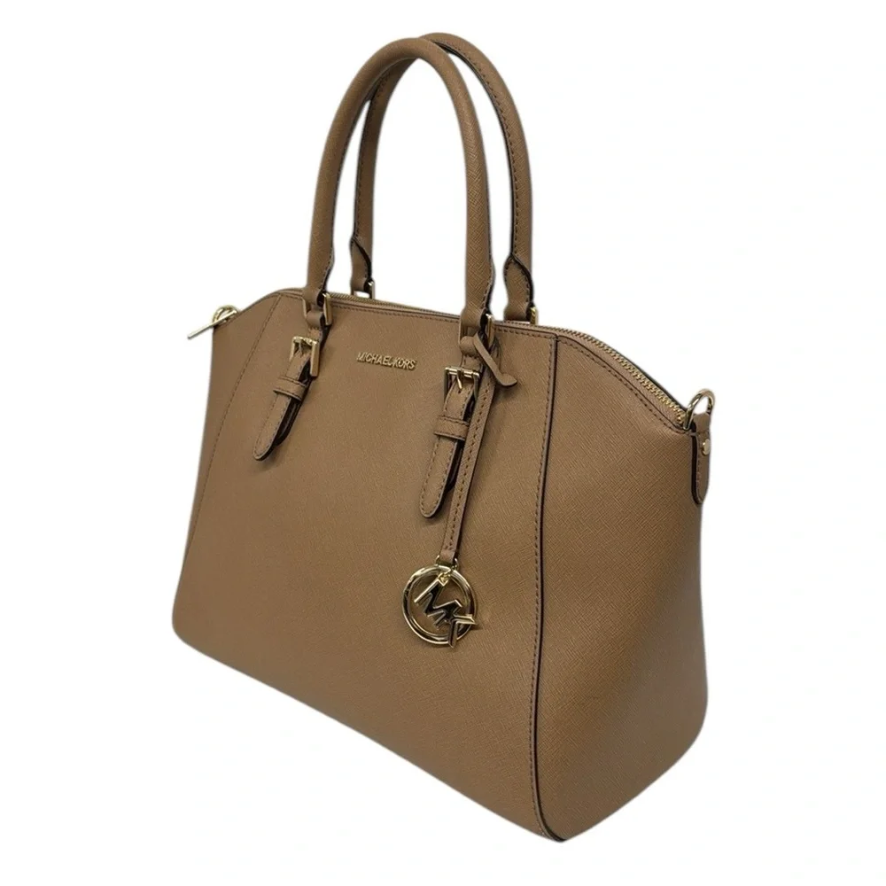 Michael Kors Camel-Beige Saffiano Leather Double Top Handles Satchel Bag Purse